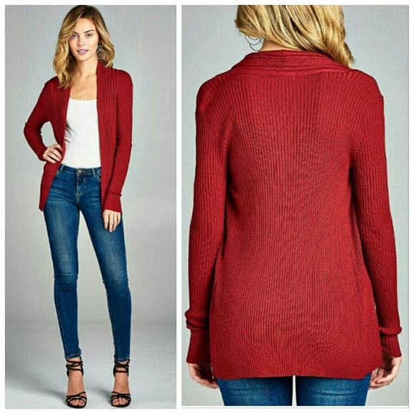 Red long sleeve open front ribbed knit cardigan - Picture 2 of 2